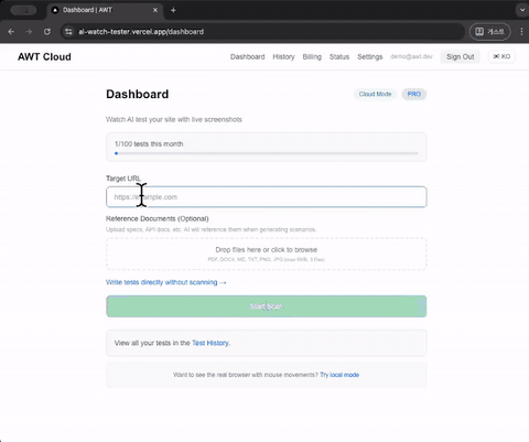 AWT Demo — AI scanning and testing a website